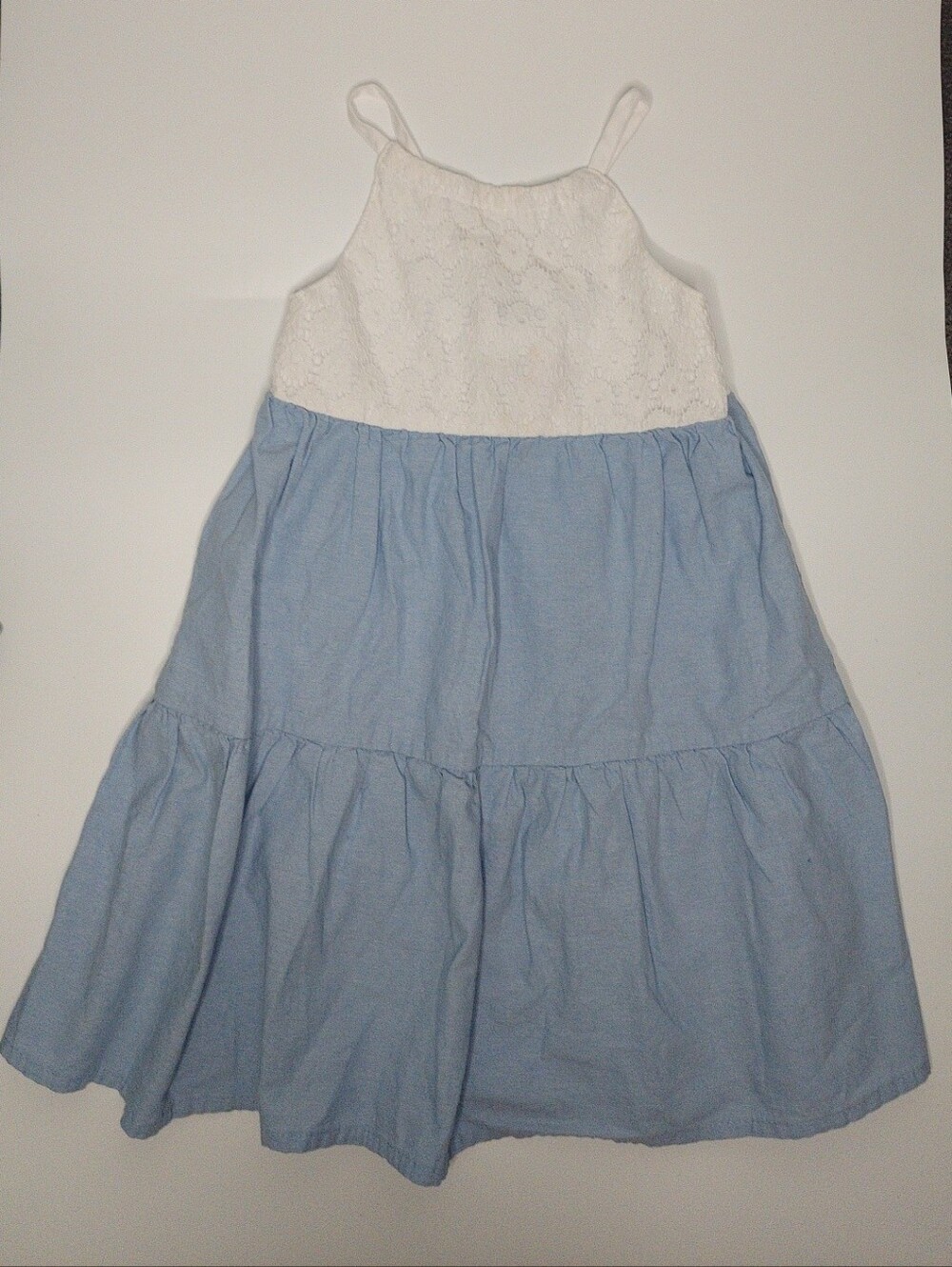 Kids Penelope Mack White Lace and Light Blue Tiered Sundress